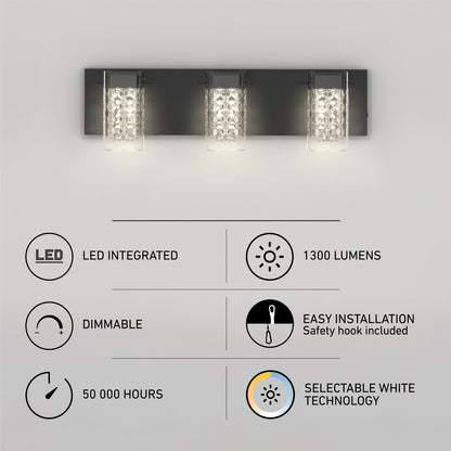 Artika’s Crystal Cube LED bathroom vanity light features three crystal-covered lights, 1300 lumens, dimmability, easy installation, 50,000-hour lifespan, and selectable white (5 CCT) technology—icons and labels highlight each feature.