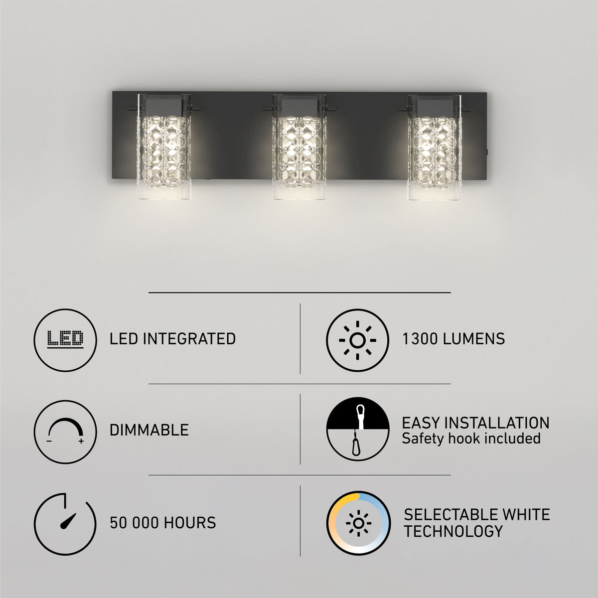 The Artika Crystal Cube LED bathroom vanity light features three modern square lights, emits 1300 lumens, is dimmable, has selectable white technology (5 CCT), lasts 50,000 hours, and offers easy installation.