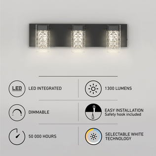 The Artika Crystal Cube LED bathroom vanity light features three modern square lights, emits 1300 lumens, is dimmable, has selectable white technology (5 CCT), lasts 50,000 hours, and offers easy installation.