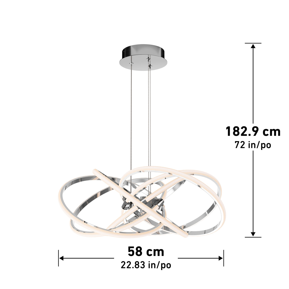 The Artika Maelstrom modern LED pendant light 5 CCT features three intertwined rings, a chrome ceiling mount, and two suspension cables. Dimensions: 58 cm (22.83 in) wide by 182.9 cm (72 in) high.