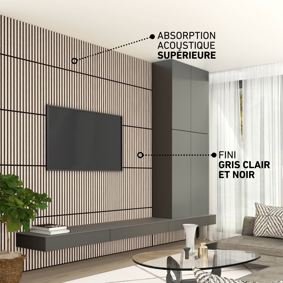Modern living room with Artika Sonolok 15.5 ft sound-absorbing panels (4-pack), TV, and captions on noise reduction and light gray-black finish.