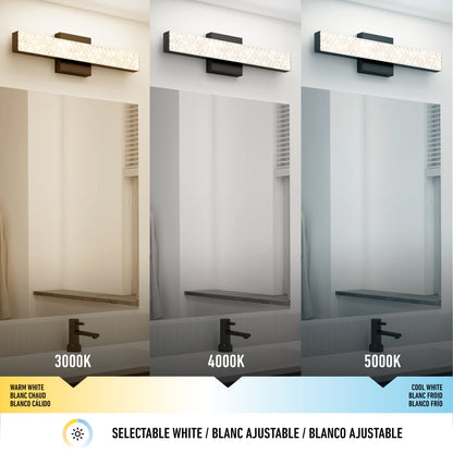 The Artika Adeline modern LED bathroom vanity light 3 CCT is shown above a mirror in three sections with selectable color temperatures: warm white (3000K), neutral white (4000K), and cool white (5000K). Text and icons illustrate the options.