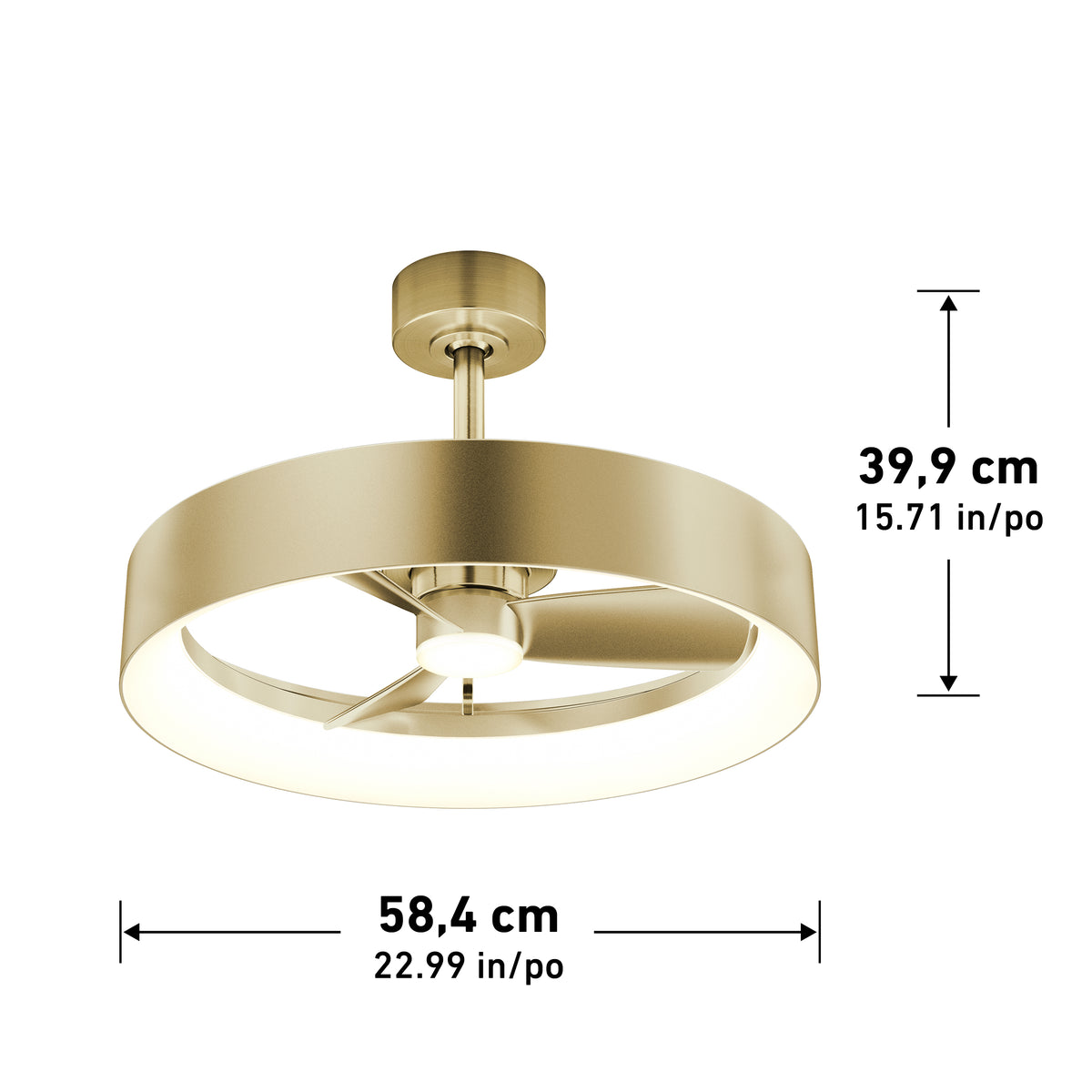 A modern gold ceiling light fixture with a circular design, shown with measurements: 39.9 cm (15.71 in) in height and 58.4 cm (22.99 in) in diameter.