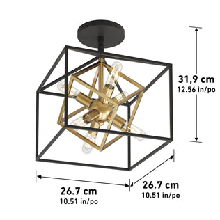 The Artika Imperium flush mount light features a black and gold geometric cube design with exposed bulbs, measuring 31.9 cm high and 26.7 cm wide and deep.