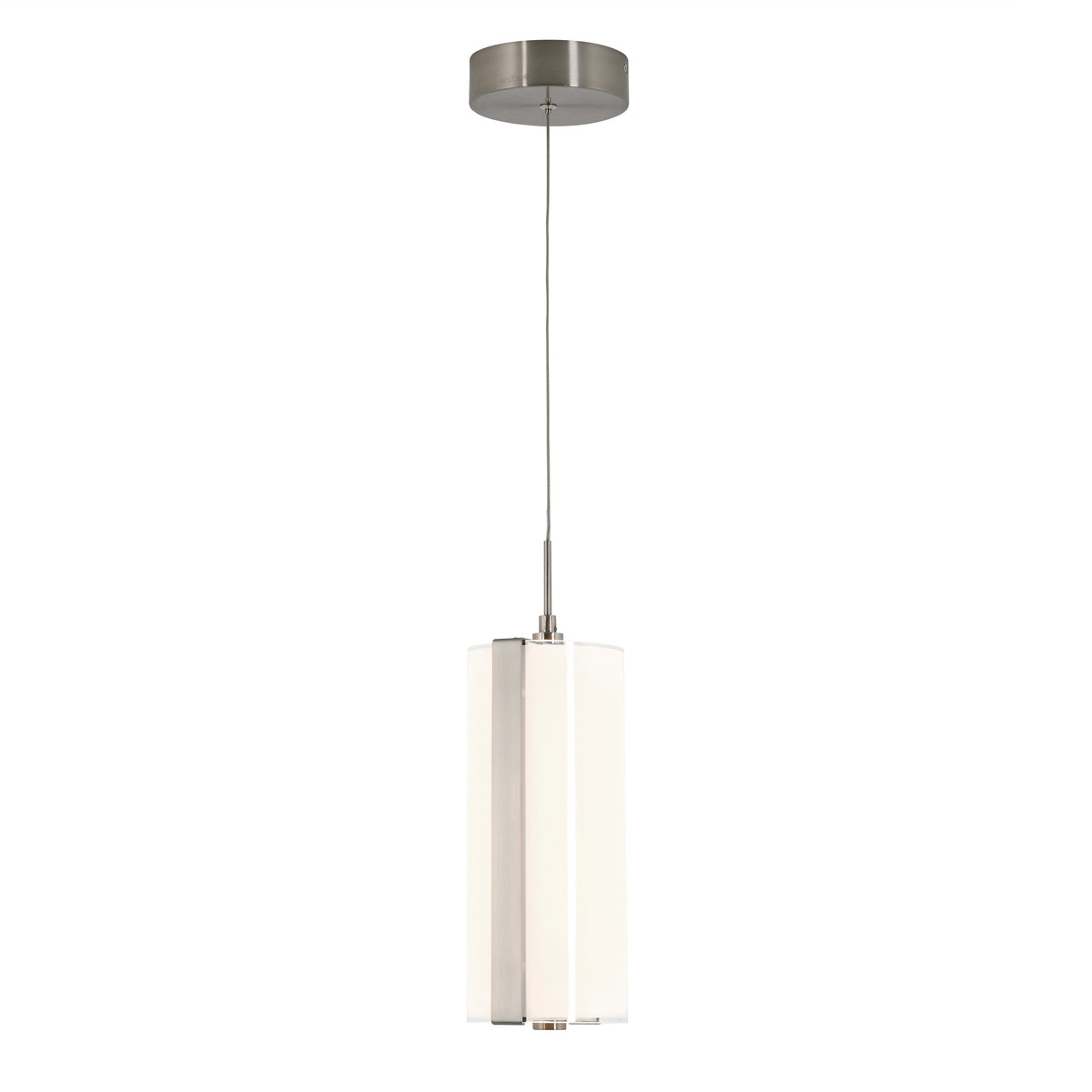 A modern pendant light with a cylindrical white glass shade, suspended by a thin cord from a round, brushed metal ceiling mount.