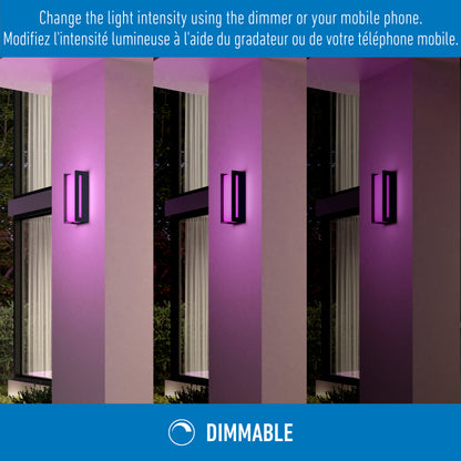 Three images feature the Artika Ryker smart RGB indoor-outdoor wall light on a pink wall at various brightness levels, showing its dimming function controlled via switch or mobile phone.