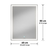 A rectangular wall mirror with LED lighting around the edges, measuring 80 cm (31.5 in) in height and 60 cm (23.622 in) in width. The mirror also features a touch button at the bottom center.