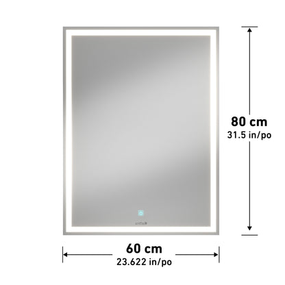 The Artika Emeraude dimmable LED mirror 3 CCT is a rectangular wall mirror with a lighted border, measuring 80 cm x 60 cm, and features a touch button centered at the bottom.