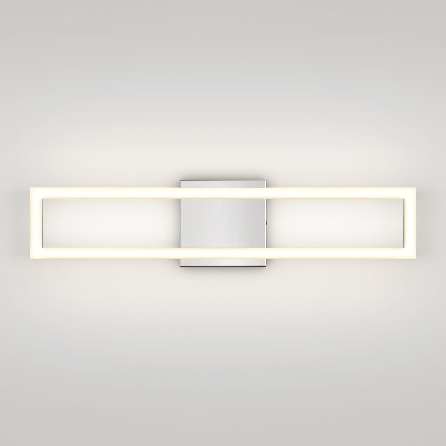 The Artika-CAN-dev Dover modern LED bathroom vanity light 5 CCT features a glowing LED frame and a silver square base, mounted on a plain light gray wall.