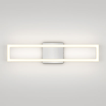 The Artika-CAN-dev Dover modern LED bathroom vanity light 5 CCT features a glowing LED frame and a silver square base, mounted on a plain light gray wall.