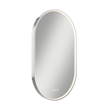 The Artika Royce LED mirror 3 CCT with defogger features an oval shape, silver frame, built-in edge LED lighting, and three touch control buttons at the bottom, displayed against a white background.