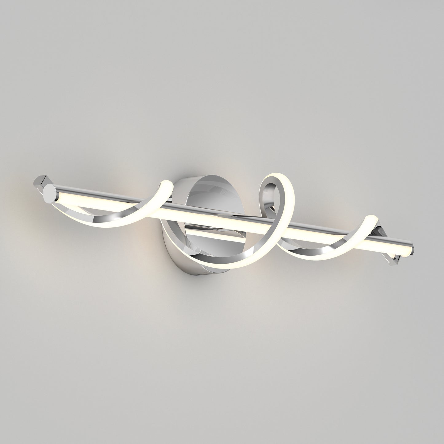 The Artika Coda 27-in (69 cm) Integrated LED 5-CCT Vanity Light Bar features a modern chrome base and two spiraling curved light tubes—an ideal bathroom lighting solution against a light gray wall.