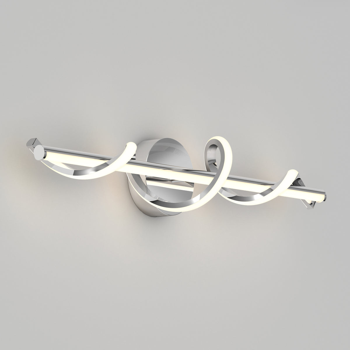 Modern wall-mounted LED light fixture with a chrome base and a horizontal bar, featuring two illuminated curved loops wrapping around the bar, set against a plain light-colored wall.