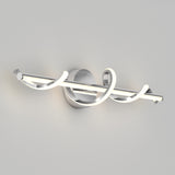 Modern wall-mounted LED light fixture with a chrome base and a horizontal bar, featuring two illuminated curved loops wrapping around the bar, set against a plain light-colored wall.