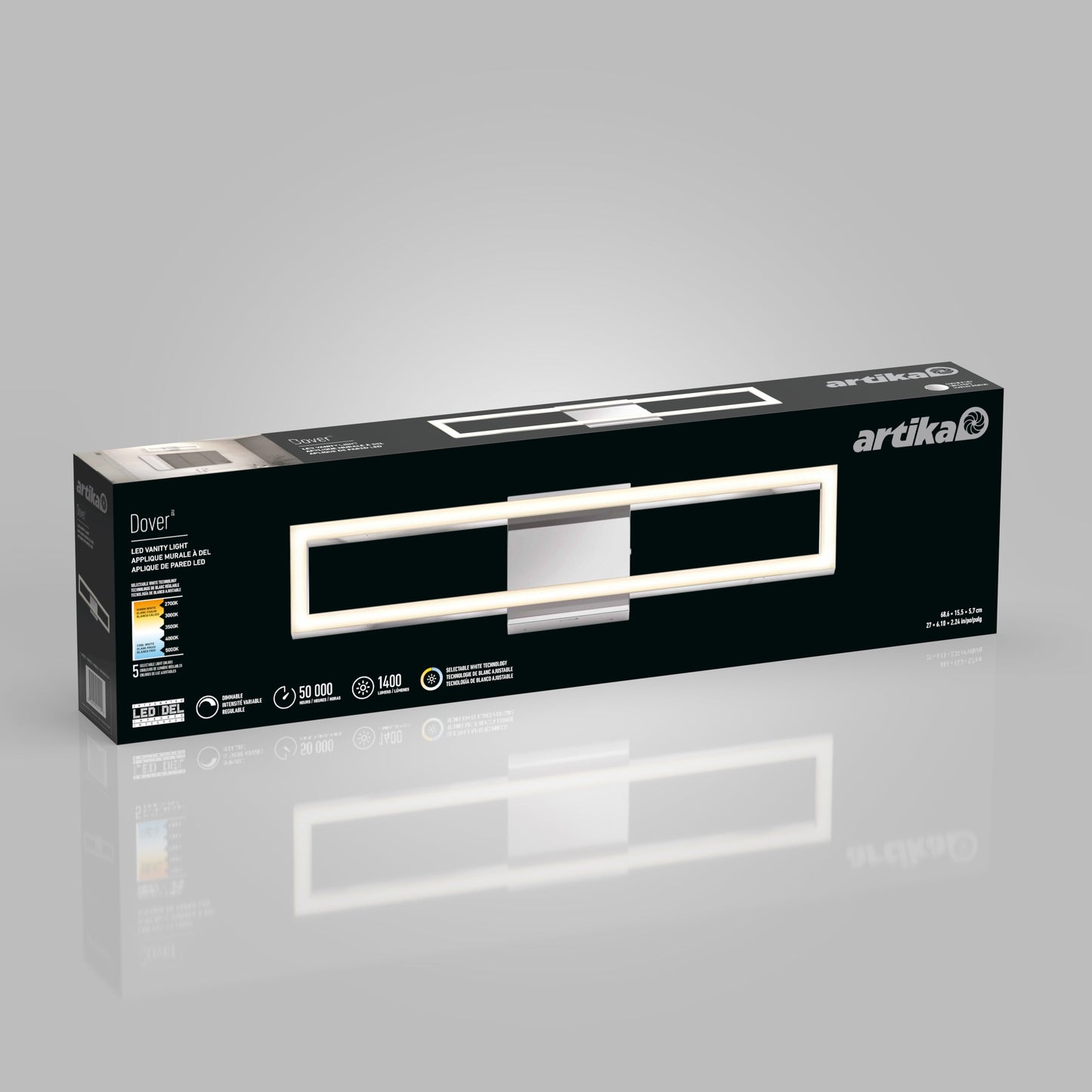 A rectangular black box of the Artika-CAN-dev Dover modern LED bathroom vanity light 5 CCT displays an image of the fixture, product details, and energy efficiency info on its packaging.