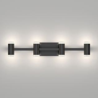 The Artika Mist 26-in Integrated LED 5-CCT Vanity Light Bar features a modern black design with four evenly spaced cylindrical lights and frosted glass tops, providing adjustable color and soft glow ideal for bathroom lighting.