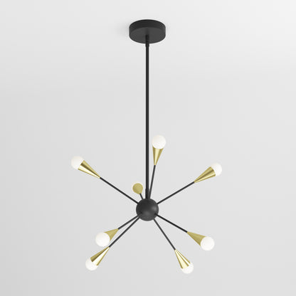 The Artika Wayden modern LED pendant light 3 CCT features a black central sphere with eight arms ending in gold cones and round white bulbs, suspended from the ceiling against a plain white background.