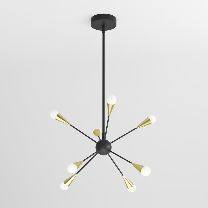 The Artika Wayden modern LED pendant light 3 CCT features a black central sphere with eight arms ending in gold cones and round white bulbs, suspended from the ceiling against a plain white background.
