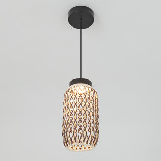 The Artika Benson Mini LED pendant light 5 CCT features a cylindrical rattan weave shade and black cord, suspended against a white background to emit a warm, soft glow.