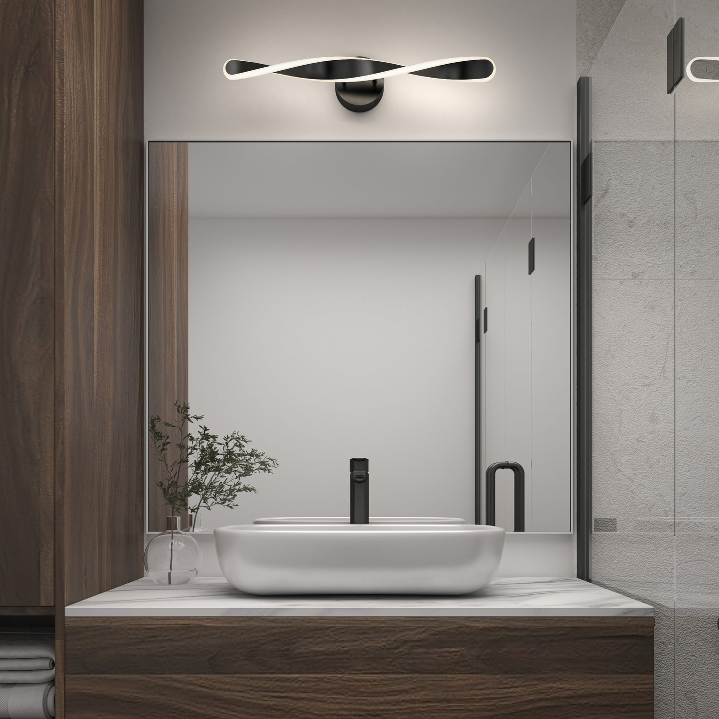 Modern bathroom featuring a rectangular mirror above a white vessel sink with a black faucet, small vase with greenery, and the Artika Finley LED modern bathroom vanity light 3 CCT mounted above the mirror. Wood and gray accents complete the look.