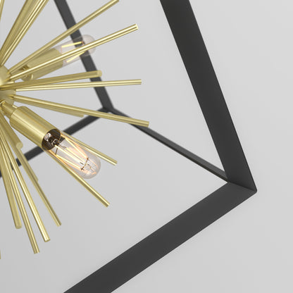 Close-up of the Artika Nebula 6-light pendant, featuring gold spikes and exposed bulbs in a geometric black metal frame, set against a plain white background.