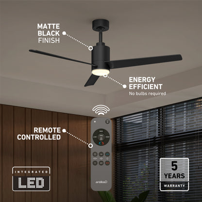 The Artika Ellison 52 in. LED modern ceiling fan features a matte black finish, integrated LED light (no bulbs needed), and remote control. Enjoy energy efficiency, a 5-year warranty, and stylish appeal for your modern interior.