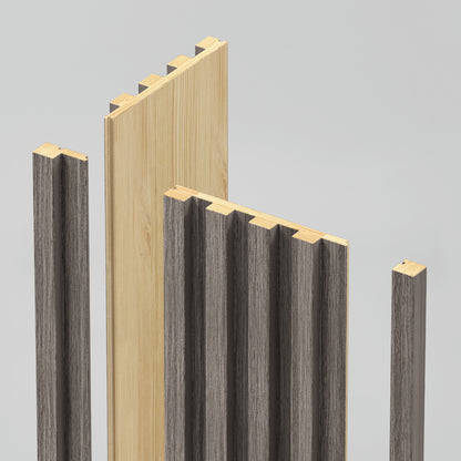 Three wooden panels are shown upright against a light background. Two panels have a dark wood finish with grooved edges, and one panel has a light wood finish with corresponding notches, suggesting an interlocking design.