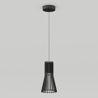 The Artika Kiyo modern LED pendant 3 CCT features a sleek black cylindrical slatted shade suspended from a thin cord and circular ceiling mount, shown against a plain white backdrop.