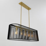 Modern pendant light fixture with a rectangular black metal cage design, five exposed lightbulbs, and gold rods suspending it from a gold ceiling plate, set against a plain white background.