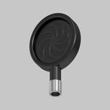 A black circular tool with a spiral pattern on its face and a silver metallic hexagonal connector at the bottom, shown against a plain light gray background.