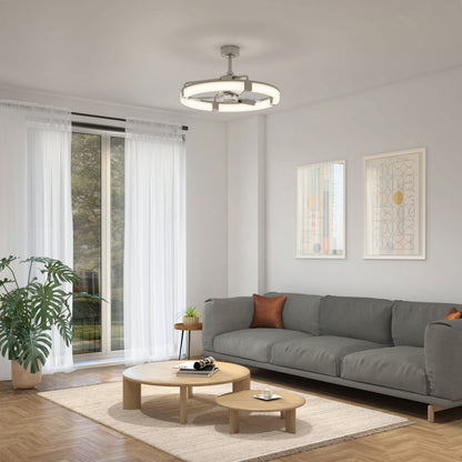 Modern living room with a gray sofa and an Artika Sunnyvale 28 in. LED fandelier ceiling fan with remote overhead.