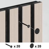 Close-up illustration of a light wood panel with dark vertical strips, showing a screw being inserted into the panel and a circle indicating a cover. Below are icons for 20 screws and 20 covers.