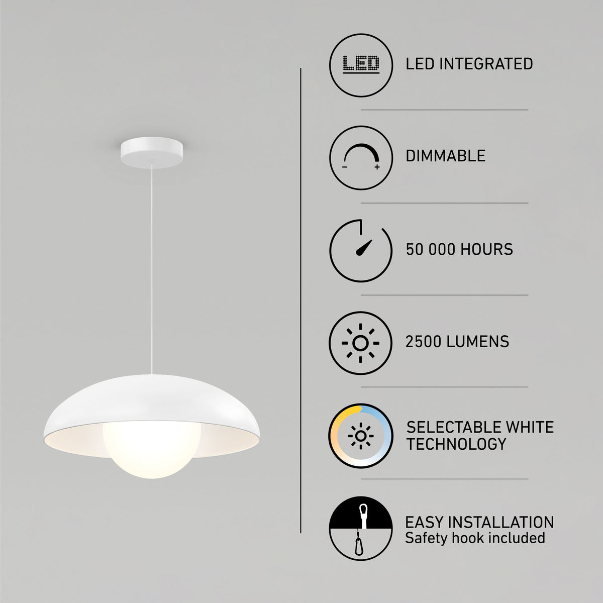 A modern white pendant light hangs from the ceiling. On the right, icons and text highlight its features: LED integrated, dimmable, 50,000 hours, 2500 lumens, selectable white technology, and easy installation.
