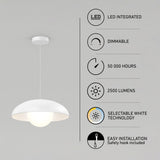A modern white pendant light hangs from the ceiling. On the right, icons and text highlight its features: LED integrated, dimmable, 50,000 hours, 2500 lumens, selectable white technology, and easy installation.