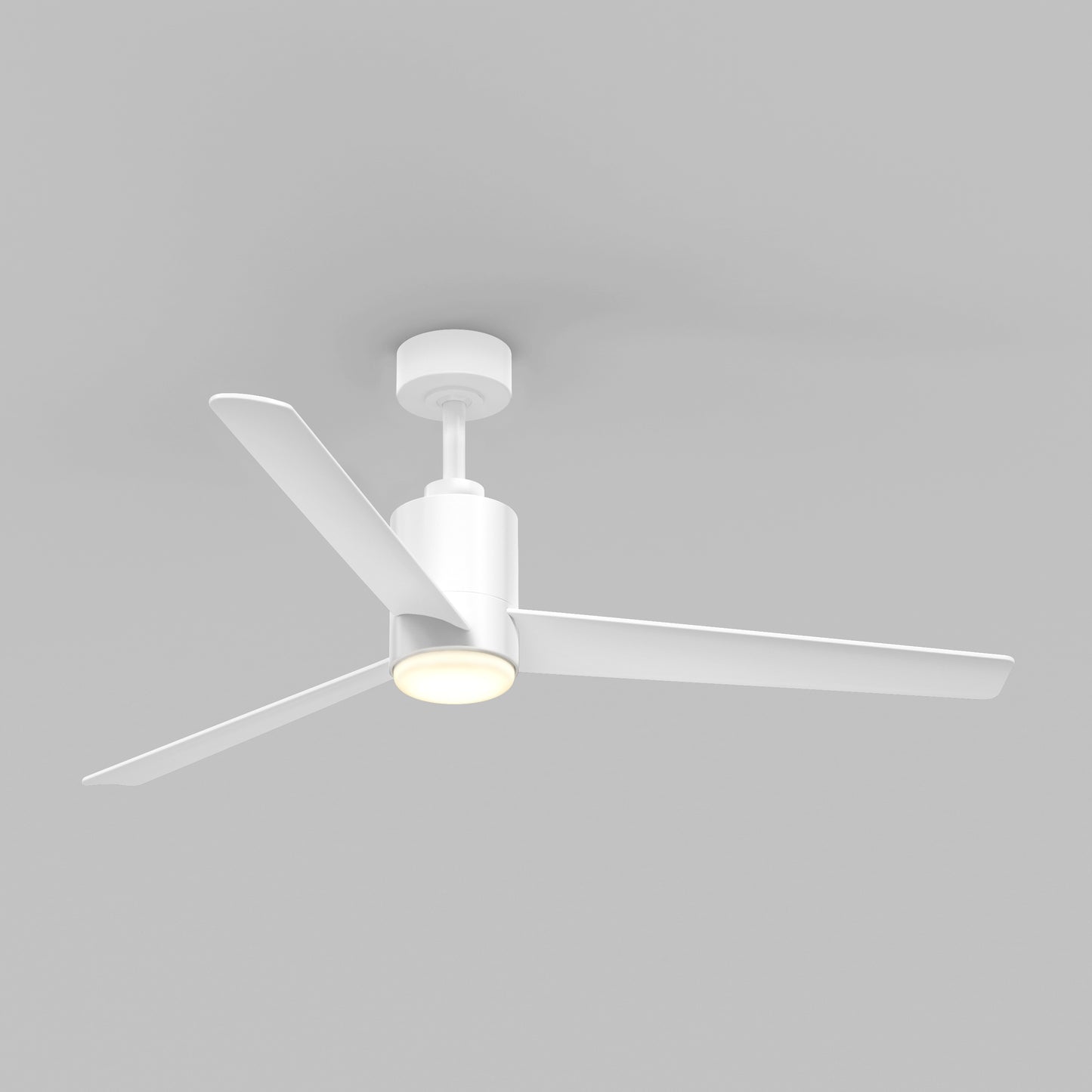 The Artika Ellison 52 in. LED modern ceiling fan features three blades, a built-in light, and comes with a remote, shown mounted on a plain light gray ceiling.