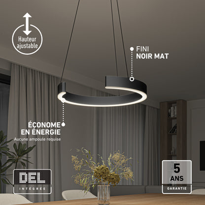 Artika Vance modern LED pendant light 3 CCT in a matte black C-shaped design with adjustable height for modern, energy-efficient dining lighting.