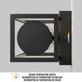 A black, wall-mounted light fixture is shown from above, featuring a circular light source and a color temperature switch with a sliding control and colored indicators. Text below describes it as a colour temperature switch in three languages.
