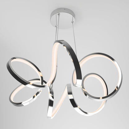 The Artika-CAN-dev Swirl Ribbon LED pendant light features looping chrome bands with integrated LEDs, suspended by two cables from a round base and set against a plain white background.