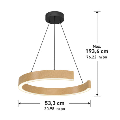 A modern pendant light with a circular, wood-finish design, suspended by three wires from a black ceiling mount. Dimensions shown: 53.3 cm (20.98 in) wide and up to 193.6 cm (76.22 in) in height.