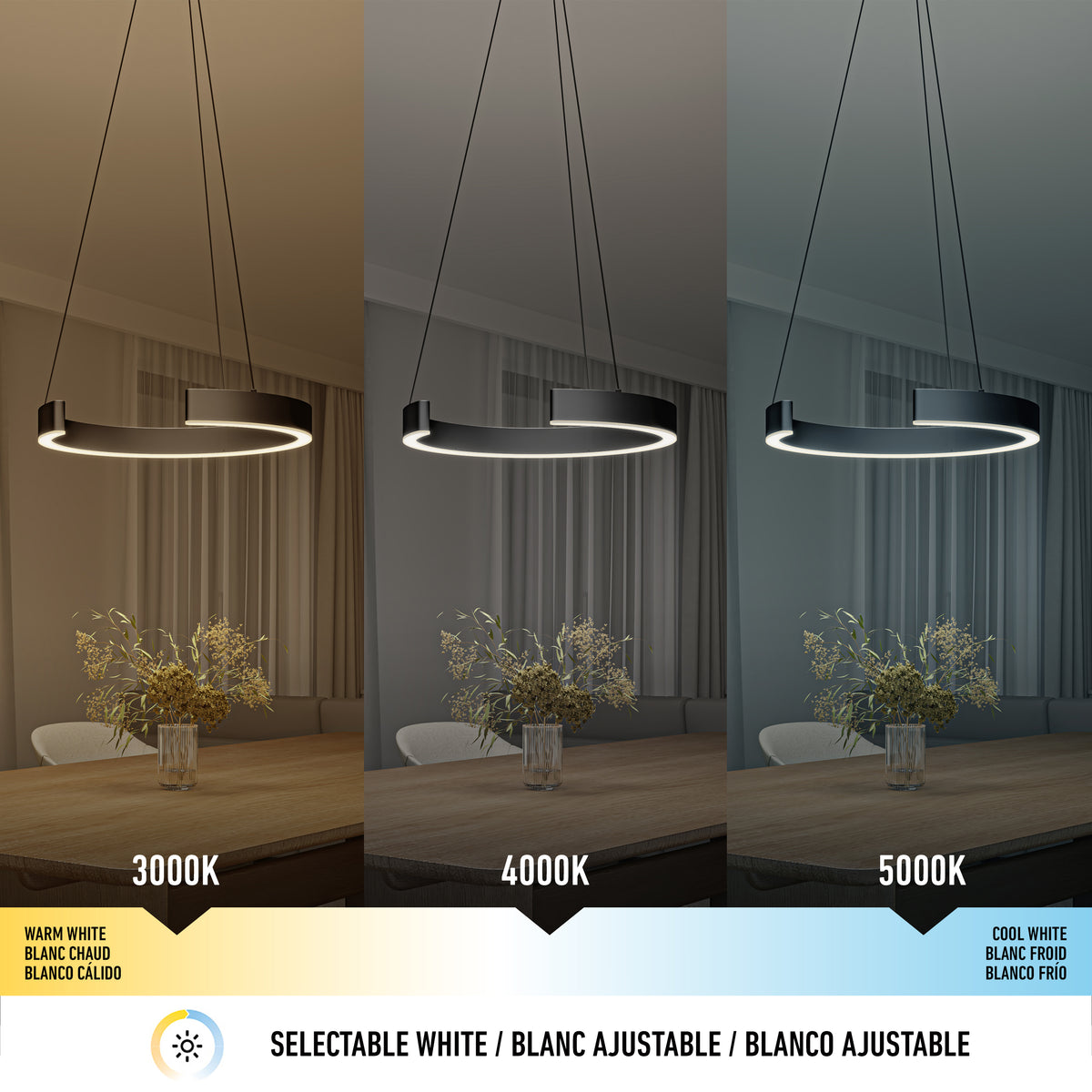 A modern ring-shaped pendant light above a dining table is shown in three lighting temperatures: 3000K warm white, 4000K neutral white, and 5000K cool white. Text below highlights “Selectable White” in three languages.