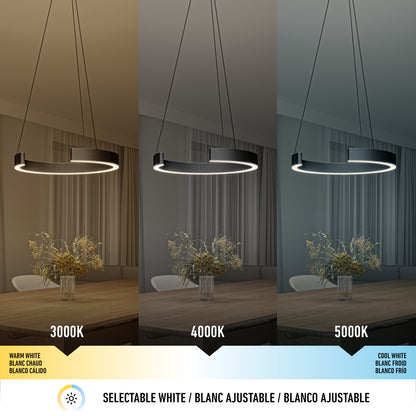 A dining room features Artika’s Vance modern LED pendant light 3 CCT over a table, shown in warm white (3000K), neutral white (4000K), and cool white (5000K) selectable lighting.