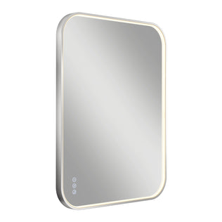 The Artika Royce Dimmable LED Mirror features a sleek rectangular design with rounded corners, edge-lit LED strip, and three touch controls—including adjustable colour temperature—on the lower left; mountable horizontally or vertically.
