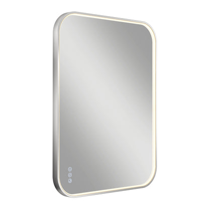 A rectangular, wall-mounted mirror with rounded corners, backlit by a soft LED light around the edges and three touch control buttons in the lower left corner.