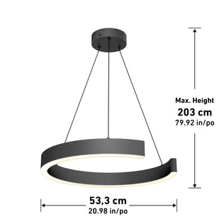 The Artika Vance modern LED pendant light 3 CCT features a black open ring design, hangs by three wires, measures 53.3 cm (20.98 in) in diameter, and has a max hanging height of 203 cm (79.92 in).