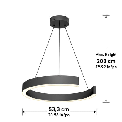 The Artika Vance modern LED pendant light 3 CCT features a black open ring design, hangs by three wires, measures 53.3 cm (20.98 in) in diameter, and has a max hanging height of 203 cm (79.92 in).