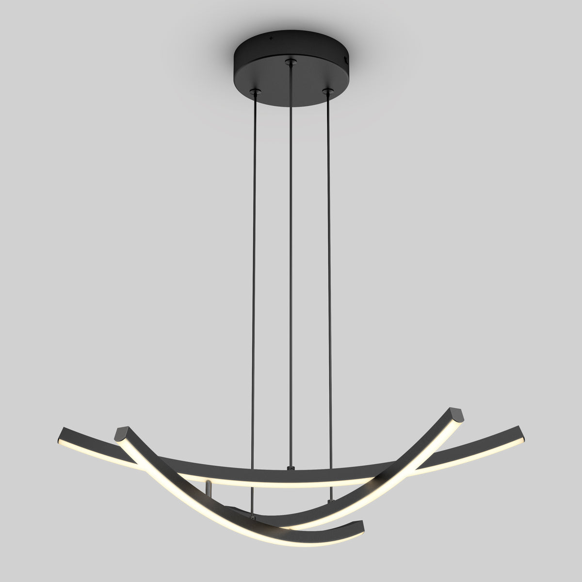 Modern ceiling pendant light with three curved, intersecting LED bars suspended by four thin black cables from a round black ceiling mount, set against a plain grey background.