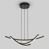 Modern ceiling pendant light with three curved, intersecting LED bars suspended by four thin black cables from a round black ceiling mount, set against a plain grey background.