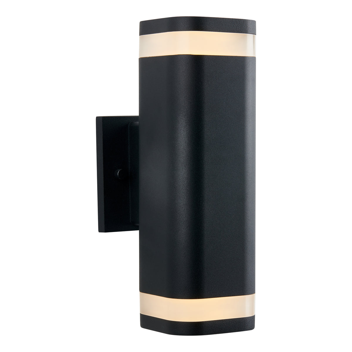 A modern black wall sconce with a rectangular shape and rounded edges, featuring frosted bands near the top and bottom that emit light. The fixture is mounted on a square backplate.