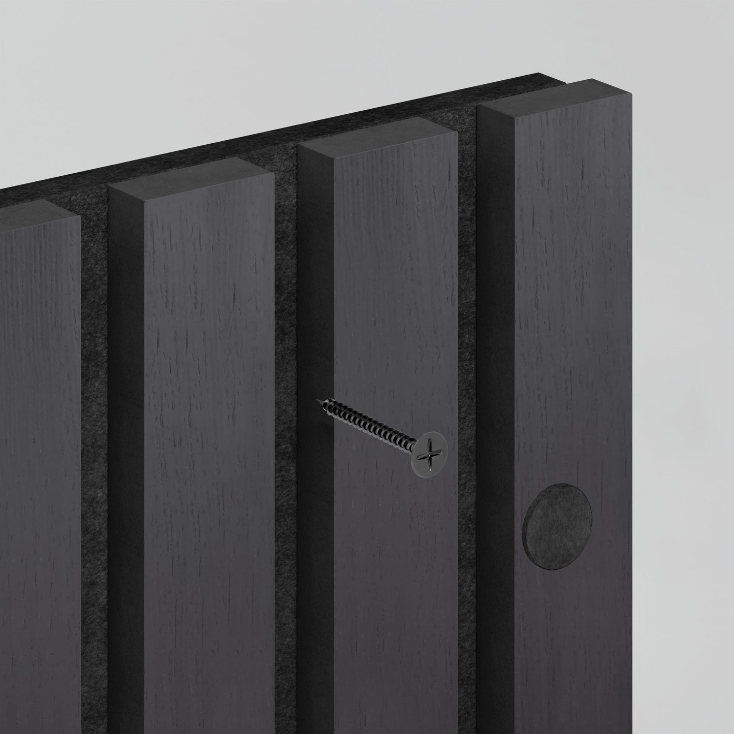 A close-up of four vertical Sonolok 15.5 ft sound-absorbing wall panels by Artika-CAN-dev, featuring a single screw partially driven into the middle panel against a plain, light background.