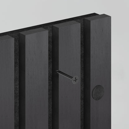 A close-up of four vertical Sonolok 15.5 ft sound-absorbing wall panels by Artika-CAN-dev, featuring a single screw partially driven into the middle panel against a plain, light background.
